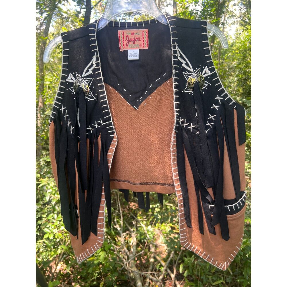 Jou Jou Beyond Basics Vintage Black Brown Fringe Vest Medium Southwest Western